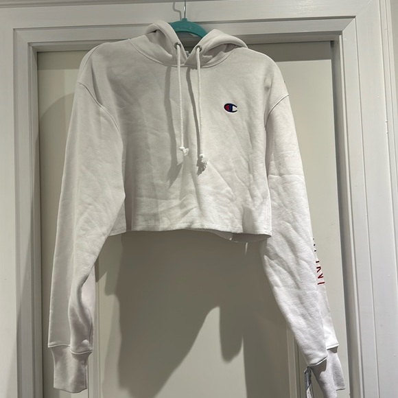 Champion Cropped Hoodie. Colourful logo down arm - Picture 1 of 7